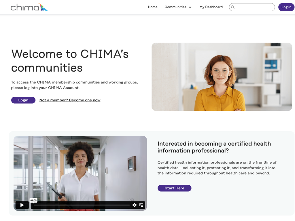 A screenshot of the CHIMA Communities page.