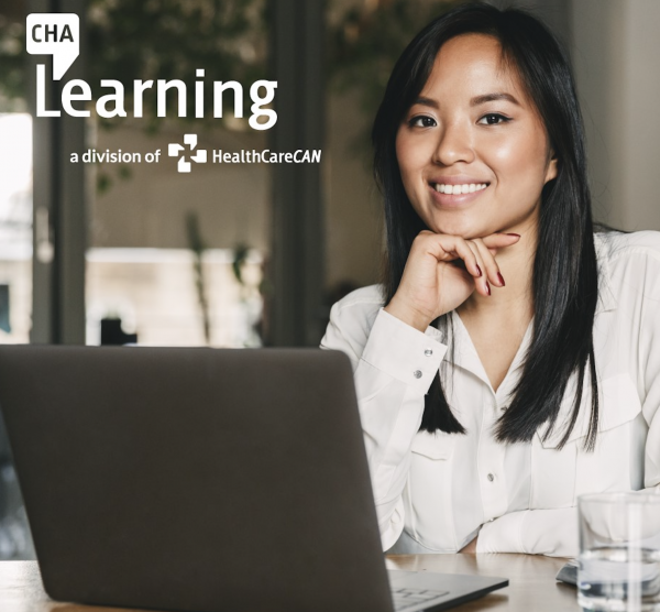 CHA Learning logo and a woman smiling behind a computer