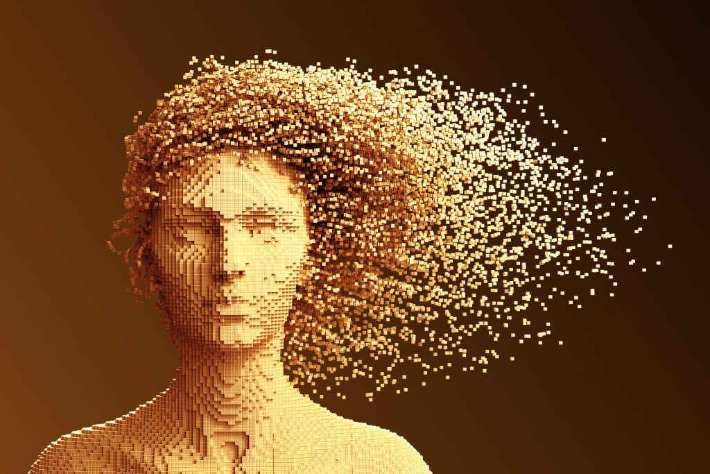 Gold Pixelated Head Of Woman And 3D Pixels As Hair