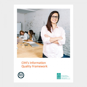 On a light grey background there is an image of a smiling caucasian woman wearing glasses and a white button-up. Her arms are crossed. Below this image is orange text that says CIHI's Information Quality Framework. Below the title is the 0.5 CPE credit, to the far right of the credit is CIHI's logo