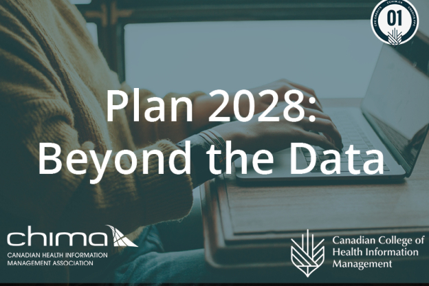 Banner for Plan 2028: Beyond the Data. 1.0 CPE credit logo is in the top right hand side, and the CHIMA logo is in the bottom left. The text is on a transparent dark green background. Behind the transparency is a person typing at a laptop.