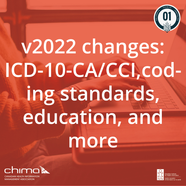 Banner for v2022 changes: ICD-10-CA/CCI, coding standards, education, and more. It is sitting on a red overlay. The 1 CPE credit logo can be seen on the top right corner. CHIMA logo is on the bottom left corner. CIHI logo can be seen on bottom right.