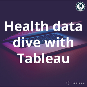 Banner for Tableau's Health Data Dive course. The text is in white on top of a dark purple overlay. 1 CPE credit logo is in the top right corner. Tableau's white logo is in the bottom right corner. Behind the overlay is a laptop half closed with the glowing screen illuminating.